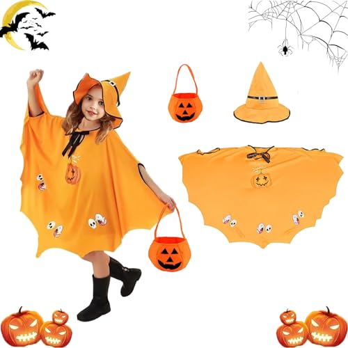 PTBWS Halloween Fledermaus kostüm Kinder,Fledermaus Umhang Kostüm, Hexe Zauberer Umhang mit Hut,Kürbis Candy Bag,Kinder Halloween Kostüm, für Halloween Cosplay Party,Geeignet für Höhe 90-150cm von PTBWS