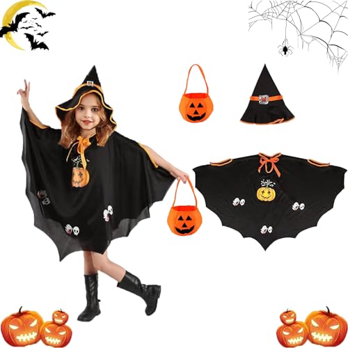 PTBWS Halloween Fledermaus kostüm Kinder,Fledermaus Umhang Kostüm, Hexe Zauberer Umhang mit Hut,Kürbis Candy Bag,Kinder Halloween Kostüm, für Halloween Cosplay Party,Geeignet für Höhe 90-150cm von PTBWS