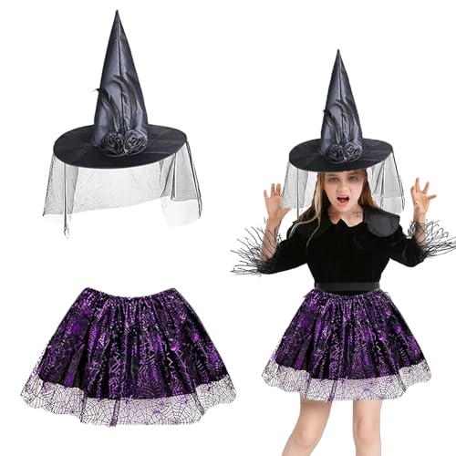 PTBWS Hexenkostüm Kinder,Halloween Hexenkostüm Kind Spinnennetz Hexenrock mit Hexenhut,Lila Hexenrock,Halloween Kostüm Kinder,für Halloweenparty Karneval Maskerade Rollenspiele (B) von PTBWS