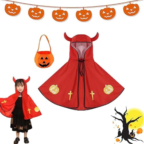 PTBWS Kinder Halloween Kostüm,mit Ox Horn Mit Kapuze Mantel,Halloween Umhang Und Kürbis Candy Bag,Wizard Cape,für Halloween Kostüme Cosplay Verkleidung für Jungen Mädchen (Rot) von PTBWS