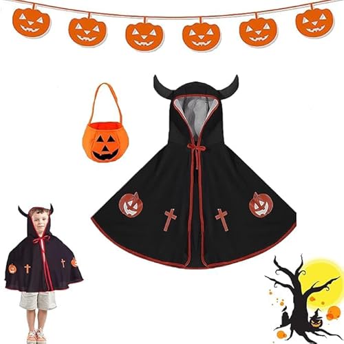 PTBWS Kinder Halloween Kostüm,mit Ox Horn Mit Kapuze Mantel,Halloween Umhang Und Kürbis Candy Bag,Wizard Cape,für Halloween Kostüme Cosplay Verkleidung für Jungen Mädchen (Schwarz) von PTBWS