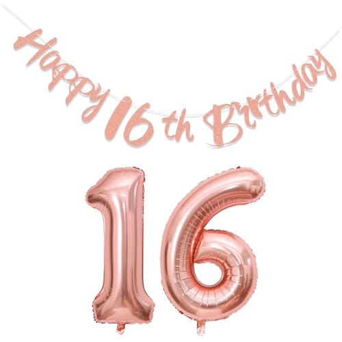 Alles Gute zum 16. Geburtstag Banner - Sweet 16 Party Dekorationen Glitter Geburtstag Girlande, Rose Gold Party Ballon, Folie 16 Ballon Zahlen für Mädchen Frauen Prinzessin 16 Geburtstag Party Zubehör von PTECDROTS