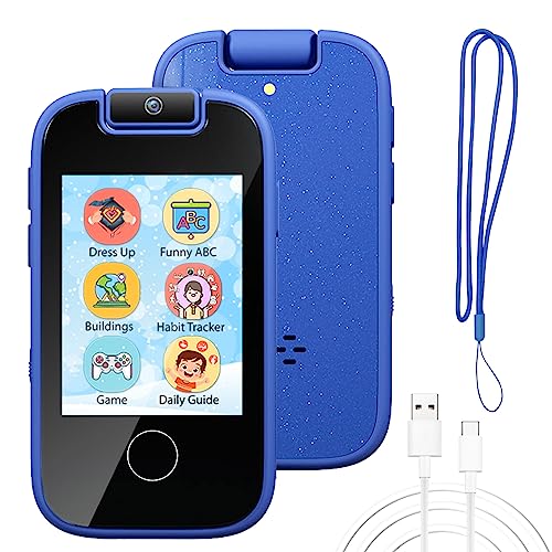 PTHTECHUS Kinder Handy - Spielzeugtelefon mit Flip-Kamera, MP3, Habit Tracker, Touchscreen, 13 Spiele, Alphabet, pädagogische Lerngeschenke für 4-10 Mädchen Jungen (Rosa) (Blua) von PTHTECHUS