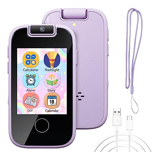 PTHTECHUS Kinder Handy - Spielzeugtelefon mit Flip-Kamera, MP3, Habit Tracker, Touchscreen, 13 Spiele, Alphabet, pädagogische Lerngeschenke für 4-10 Mädchen Jungen (Rosa) (Lila) von PTHTECHUS