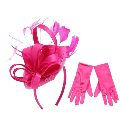 PTILSERY Satins Fascinator Hut, Teeparty, Hut, Federn, Stirnband und kurze Handschuhe, Cocktail-Teeparty, Kopfbedeckung für Damen von PTILSERY