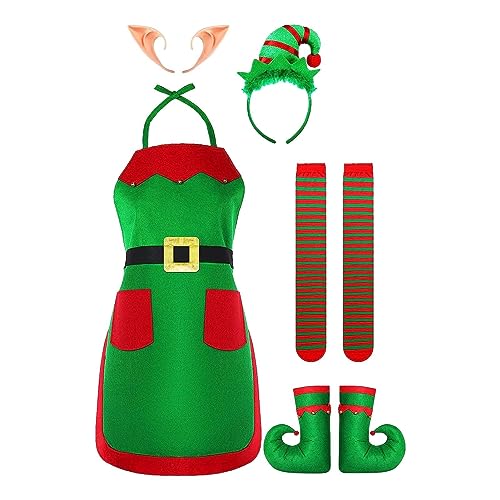 Elfenkostüm für Erwachsene,Rot und grün gestreifte Weihnachtselfen-Plüschmütze | Lustige Erwachsenen-Outfits für Party-Rollenspiele, weihnachtliche Küchen-Kochschürzen für Frauen und Erwachsene von PUCHEN