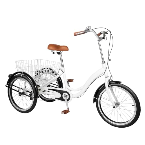 20 Zoll Dreirad für Erwachsene Fahrrad mit Einkaufskörbe 3 Räder Dreiräder Fahrräder, City Tricycle Senioren Dreirad mit Korb für Verschiedene Straßen Geeignet Garten (Weiß) von PUCMER