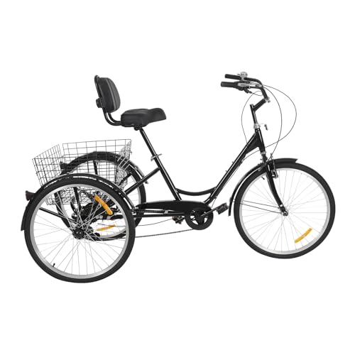 24 Zoll Outdoor-Dreirad für Erwachsene, Höhenverstellbares Cityfahrrad Tricycle, Cruise Bikes Dreirad Senioren Dreirad mit Einkaufskorb und Rückenlehne (Schwarz) von PUCMER