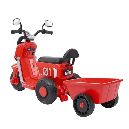 Kindermotorrad Elektrofahrzeug, Elektro Motorrad für Kinder mit Korb, Scheinwerfer, Bluetooth koppeln, Kinder Aufsitztraktor für 2-6 Jahre (Rot) von PUCMER