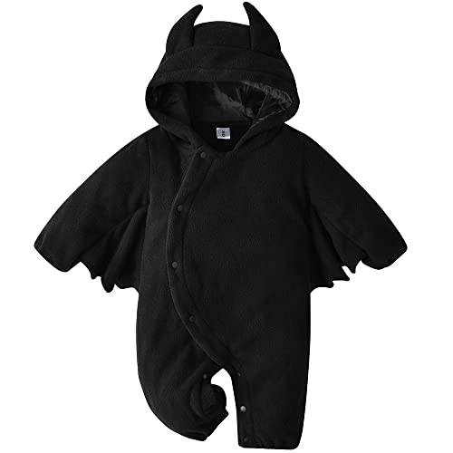 PUPYGIYUC Baby Fledermaus Kostüm Baby Fledermaus Kapuzen Strampler mit großem Ohr Baby Halloween Kostüme Polarfleece Unisex Schwarz Einteiler 12-20 Monate von PUPYGIYUC