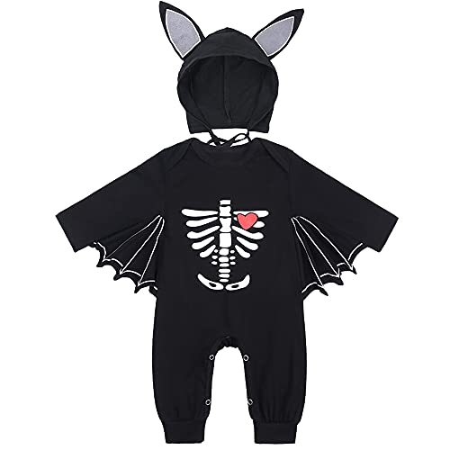 PUPYGIYUC Baby Fledermaus Kostüm Kleinkind Fledermaus Kostüm Skelett Halloween Spielanzug mit Hut mit großen Ohren 12-18 Monate 2 Stück Unisex von PUPYGIYUC