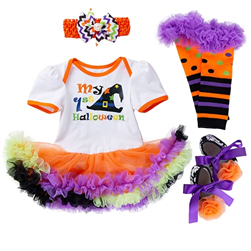 PUPYGIYUC Baby Girl Halloween Kostüme My 1st Halloween Outfits Strampler 4-teiliges Set Tutu Spitzenrock + Stirnband + Schuhe + Beinwärmer 0-3 Monate von PUPYGIYUC