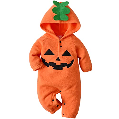 PUPYGIYUC Baby Kürbis Kostüm Baby Kürbis Kapuzen Outfit Baby Halloween Kostüme Baby Jackolantern Unisex Orange Onesie 6-9 Monate von PUPYGIYUC