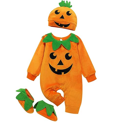 PUPYGIYUC Baby Kürbis Kostüm Baby Kürbis Outfit Baby Halloween Kostüme Mütze +Schuhe Baby Jacken Unisex Orange 12-18 Monate von PUPYGIYUC