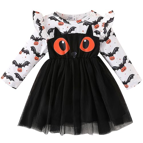 PUPYGIYUC Baby Mädchen Fledermaus Kostüme Baby Mädchen Halloween Kostüme Baby Fledermaus Fliege Ärmel Tutu Spitze Rock mit großen Augen Fledermaus Patern 12-18 Monate von PUPYGIYUC