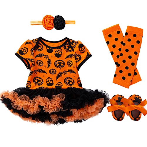 PUPYGIYUC Baby Mädchen Halloween Kostüme Baby Fledermaus Strampler 4-teiliges Set Tutu Spitzenrock + Stirnband + Schuhe + Beinwärmer 0-3 Monate von PUPYGIYUC