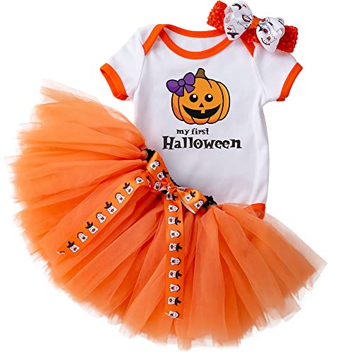 PUPYGIYUC Baby Mädchen Halloween Kostüme Baby Kürbis Strampler 3er Set Kurzarm Strampler + Spitzenrock + Stirnband 3-6 Monate von PUPYGIYUC