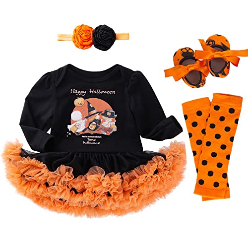 PUPYGIYUC Baby Mädchen Halloween Kostüme Baby Langarm Strampler 4-teiliges Set Tutu Spitzenrock + Stirnband + Schuhe + Beinwärmer Schwarz 3-6 Monate von PUPYGIYUC