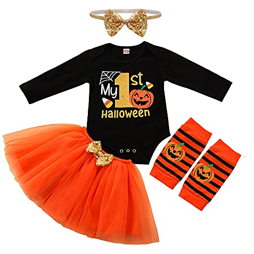 PUPYGIYUC Baby Mädchen Halloween Kostüme My 1st Halloween Outfits Strampler 4-teiliges Set Langarm Tutu Spitzenrock + Stirnband + Schuhe + Beinwärmer 12-18 Monate von PUPYGIYUC