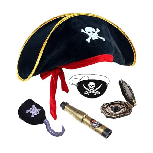 Piraten-Party-Kostüm-Set mit Augenbinde, Totenkopf-Druck, Hut, Karte für Kinder, Cosplay, Schmuck, Halloween-Themen-Zubehör von PURFUU