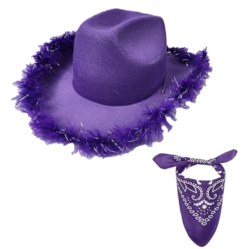 PURPLELILY Cowboy-Kostüm-Set, Western-Kostüm, breite Krempe, Cowgirl-Hut, Druck, Schal, Bandanas für Erwachsene, Nachtclub, Party, Rollenspiel, Kopfbedeckung, 2 Stück von PURPLELILY