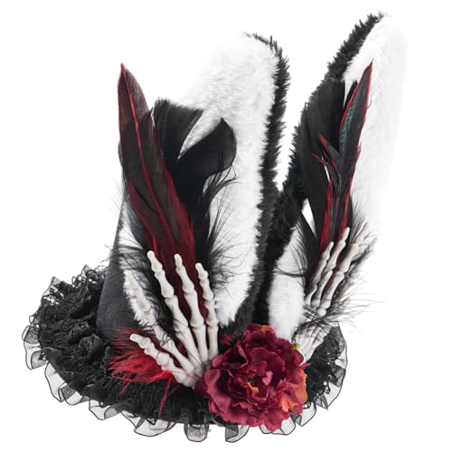 PURPLELILY Steampunks Flat Top Hat Halloween Hut Schwarz Karneval Zylinder mit Feder, Hasenohren und Totenkopf für Damen von PURPLELILY