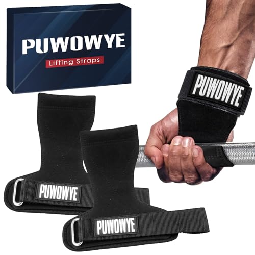 PUWOWYE Power Zughilfen Krafttraining, Leder Zughilfe für Bodybuilding, Fitness, Crossfit, Krafttraining, Powerlifting, Lifting Straps für Frauen und Männer, Neopren-Polsterung und Baumwolle, Schwarz von PUWOWYE