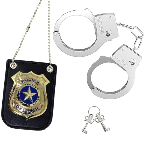 PVFZXS 3 Pcs Handschellen Kinder,Handschellen Kinder Polizist Handschellen Abzeichen Kinder Polizei Zubehör, Kinder Polizei Handschellen Polizei Zubehör Set für Cosplay Polizei Kostüm Kinder von PVFZXS