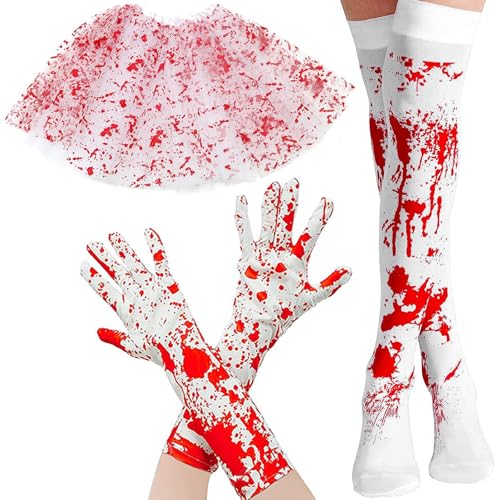 PVFZXS 5-Teilig Halloween Kostüm Damen, Blutiger Tüllrock Für Erwachsene, Handschuhe, Fleckige Strümpfe, Halloween Kostüme, Horror Kostüm Damen, Horror Braut Kostüm von PVFZXS