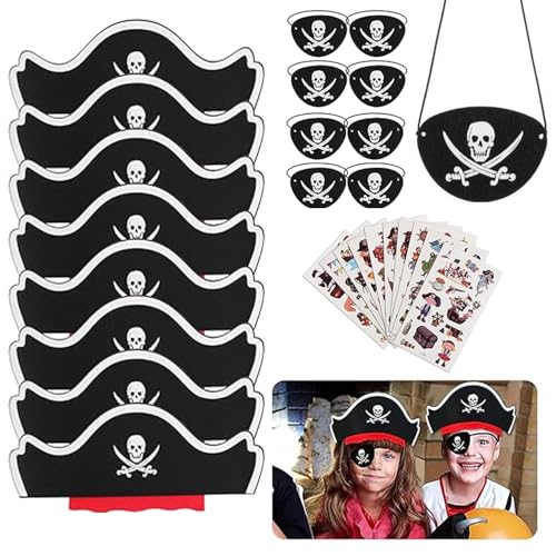 PVFZXS 28 Stück Piraten Deko Kindergeburtstag Set 9 Stück Piratenhut Kinder 9 Stück Piraten Augenklappe Kinder 10 Stück Piraten Tattoos Schädel Piraten Hut Accessoires für Geburtstag Halloween von PVFZXS