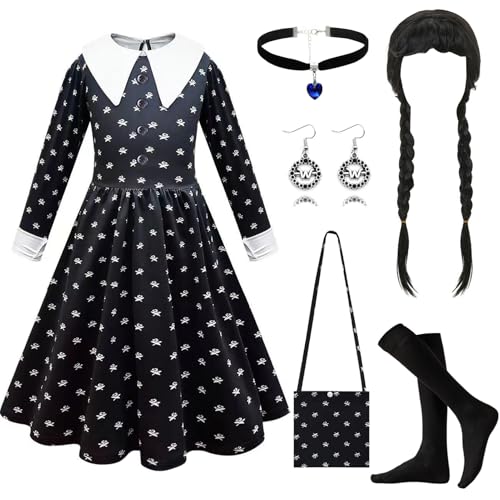 PWOKAO Mittwoch Kostüm Kinder,6 Stück Gothic Schwarzer Kleid mit Perücke & Tasche & Socken Set Wednesday Kostüm Kinder Karneval Kostüm Mädchen Fasching Cosplay Party Outfit(L) von PWOKAO