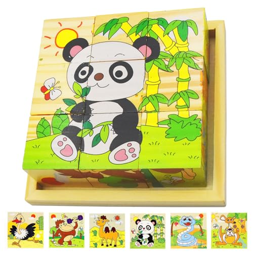 PXBSNB Würfelpuzzle Holz, 3D Würfelpuzzle Puzzlespiele 6 in 1 Tier-Motive Holzpuzzle Kinder, Montessori Spielzeug mit 9 Würfel Holzspielzeug, Lernspielzeug Geschenk für Kinder ab 3 4 5 Jahren von PXBSNB