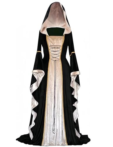 PYAEAS Renaissance-Samtkleid für Damen, Halloween, viktorianisches Kapuzenkleid, mittelalterlich, Gothic, Vampir-Kostüm, Cosplay, Schwarz, 3XL von PYAEAS