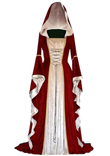 PYAEAS Renaissance-Samtkleid für Damen, Halloween, viktorianisches Kapuzenkleid, mittelalterlich, Gothic, Vampir-Kostüm, Cosplay, Weinrot, XXL von PYAEAS