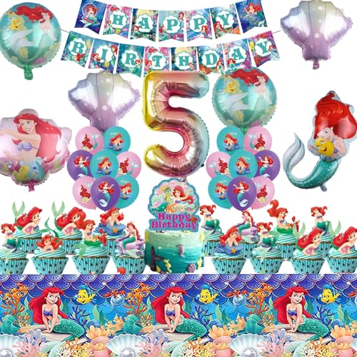 Meerjungfrau Geburtstagsparty Deko 5 Jahre，Ariel Geburtstag Luftballons，5 Jahre Meerjungfrau Party Deko，Ariel Party Ballons，Kinder Geburtstag Dekoration Set von PYTRARTY