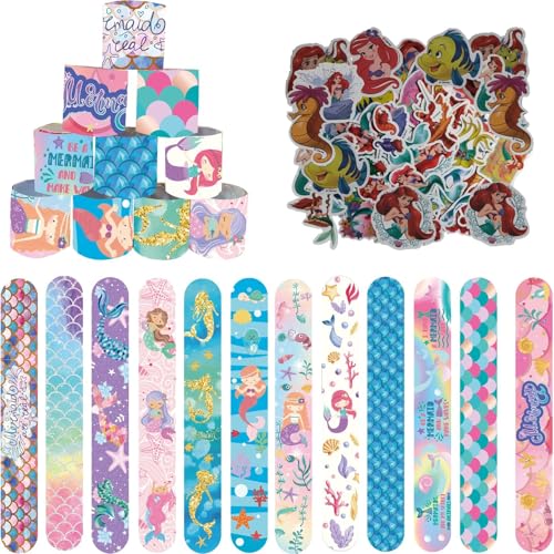 PYTRARTY Meerjungfrau Geburtstag Party Mitgebsel Set，12Pcs Meerjungfrau Slap Armband Kinder,50Pcs Meerjungfrau Aufkleber,Ariel Kindergeburtstag Gastgeschenk von PYTRARTY