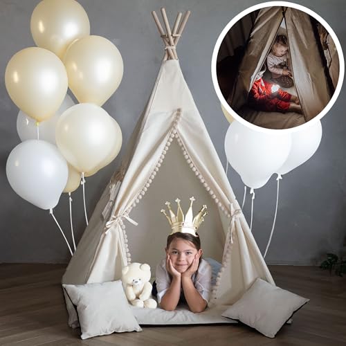 PaLulli® Tipi Zelt für Kinder aus 100% Baumwolle mit Kuschelmatte, Anti-Kollaps-System [Stabil], Camping-Hängelampe & 2 Dekokissen, Tippi Kinderzelt Teepee Spielzelt (BEIGE) von PaLulli