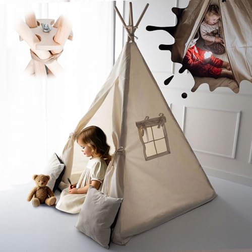 PaLulli® Tipi Zelt für Kinder aus 100% Baumwolle mit Kuschelmatte, Anti-Kollaps-System [Stabil], Camping-Hängelampe & 2 Dekokissen, Tippi Kinderzelt Teepee Spielzelt (Beige) von PaLulli