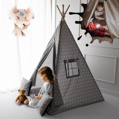 PaLulli® Tipi Zelt für Kinder aus 100% Baumwolle mit Kuschelmatte, Anti-Kollaps-System [Stabil], Camping-Hängelampe & 2 Dekokissen, Tippi Kinderzelt Teepee Spielzelt (Grau Sterne) von PaLulli