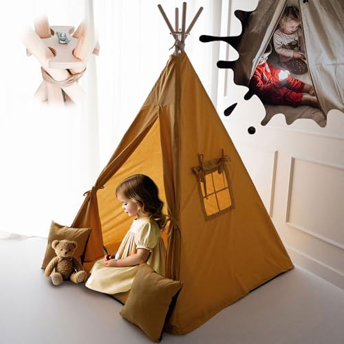 PaLulli® Tipi Zelt für Kinder aus 100% Baumwolle mit Kuschelmatte, Anti-Kollaps-System [Stabil], Camping-Hängelampe & 2 Dekokissen, Tippi Kinderzelt Teepee Spielzelt (Karamell) von PaLulli