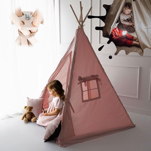 PaLulli® Tipi Zelt für Kinder aus 100% Baumwolle mit Kuschelmatte, Anti-Kollaps-System [Stabil], Camping-Hängelampe & 2 Dekokissen, Tippi Kinderzelt Teepee Spielzelt (Rosa) von PaLulli