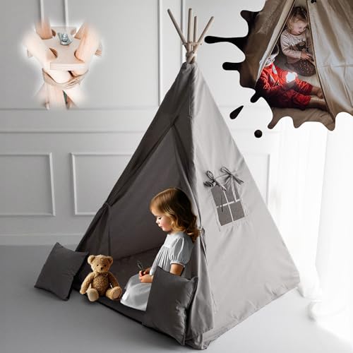 PaLulli® Tipi Zelt für Kinder aus 100% Baumwolle mit Kuschelmatte, Anti-Kollaps-System [Stabil], Camping-Hängelampe & 2 Dekokissen, Tippi Kinderzelt Teepee Spielzelt (Grau) von PaLulli