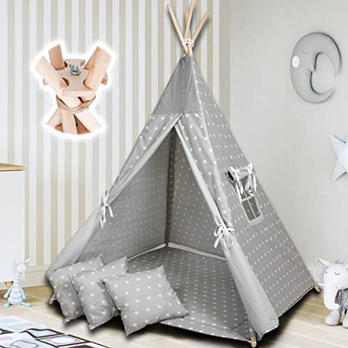 PaLulli Tipi Spielzelt für Kinder mit Matte & Anti-Kollaps-System & 3 Dekokissen Baumwolle- Segeltuch Kinderzelt (Stars Grey) von PaLulli