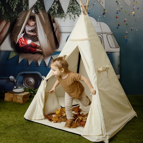 Tipi-Zelt für Kinder aus 100% Baumwolle mit Anti-Kollaps-System, Kuschelmatte, Zwei Kissen, Kinderzelt - Kinderspielhaus - Spielzelt - Kinderhaus - Kinderzelt für Drinnen und Draußen von PaLulli