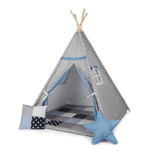 Paco Home Kinderzelt Tipi Zelt für Kinderzimmer Spielzimmer Innen Indoor Robust Stabil Wigwam versch. Muster, Farbe:Blau, Sets:Mit Zubehör von Paco Home