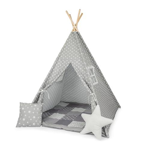 Paco Home Kinderzelt Tipi Zelt für Kinderzimmer Spielzimmer Innen Indoor Robust Stabil Wigwam versch. Muster, Farbe:Grau, Sets:Mit Zubehör von Paco Home