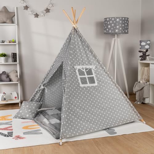 Paco Home Kinderzelt Tipi Zelt für Kinderzimmer Spielzimmer Innen Indoor Robust Stabil Wigwam versch. Muster, Farbe:Grau, Sets:Mit Zubehör von Paco Home