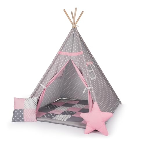 Paco Home Kinderzelt Tipi Zelt für Kinderzimmer Spielzimmer Innen Indoor Robust Stabil Wigwam versch. Muster, Farbe:Pink, Sets:Mit Zubehör von Paco Home