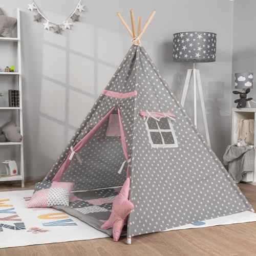 Paco Home Kinderzelt Tipi Zelt für Kinderzimmer Spielzimmer Innen Indoor Robust Stabil Wigwam versch. Muster, Farbe:Pink, Sets:Mit Zubehör von Paco Home