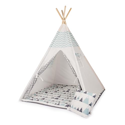 Paco Home Kinderzelt Tipi Zelt für Kinderzimmer Spielzimmer Innen Indoor Robust Stabil Wigwam versch. Muster, Farbe:Weiß-Grau, Sets:Mit Zubehör von Paco Home